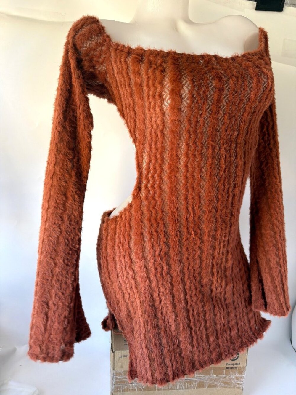 Brown Fuzzy Off Shoulder Mini Dress Long Sleeve Knit Open Back Size XL